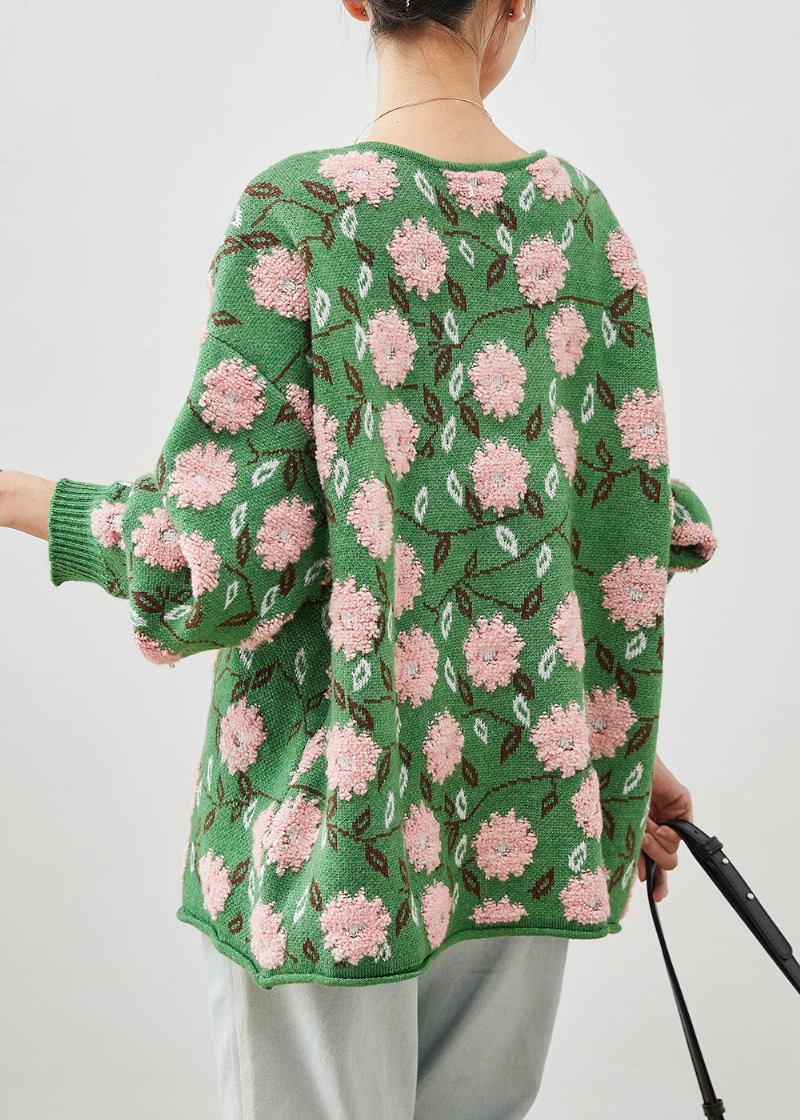 Grüne Kuschelige Jacquard-strickjacken Mit Blumenmuster In Übergröße Winter - Damen-Cardigans