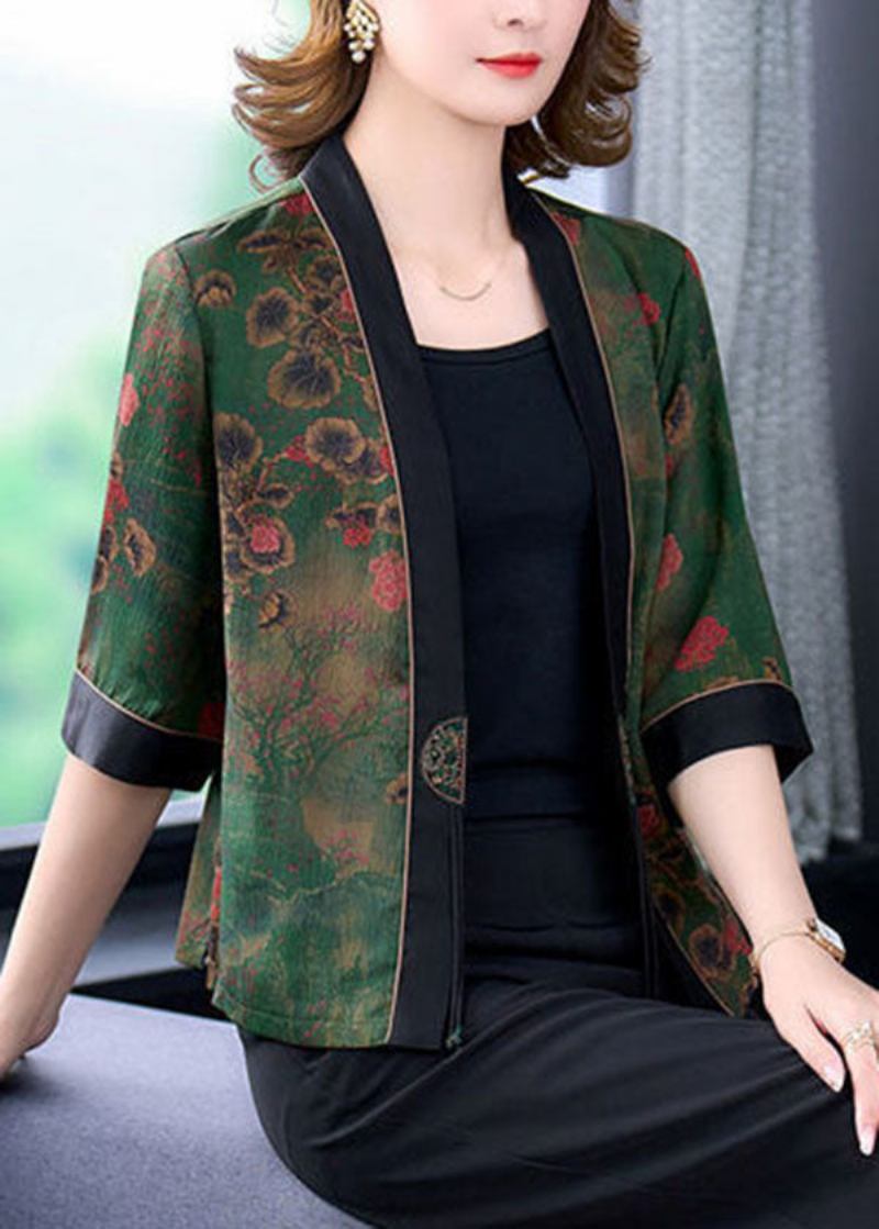 Grüne Patchwork Seiden Cardigans Print Quaste Halb Ärmel - Damen-Cardigans