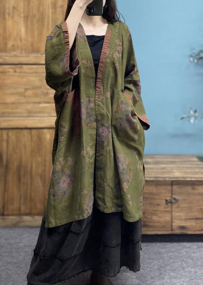 Grüner Bohemian-leinencardigan Mit V-ausschnitt Und Print Übergröße Frühling - Damen-Cardigans