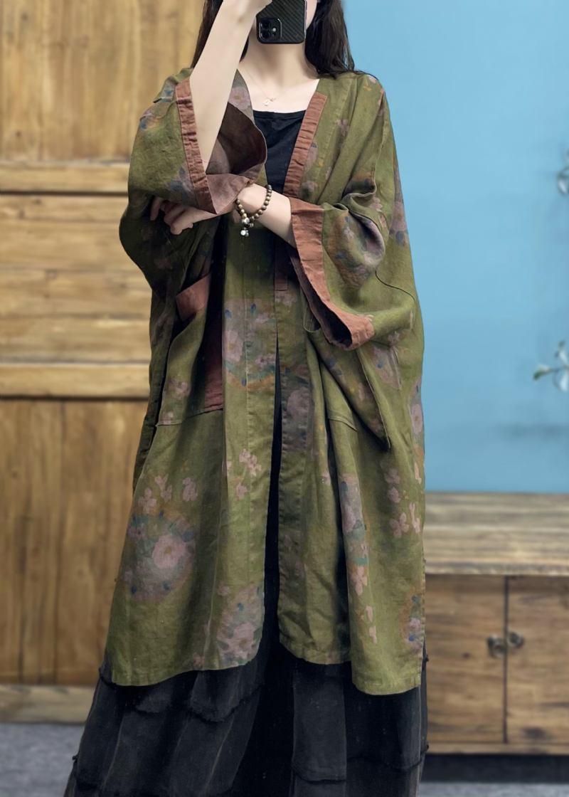 Grüner Bohemian-leinencardigan Mit V-ausschnitt Und Print Übergröße Frühling - Damen-Cardigans