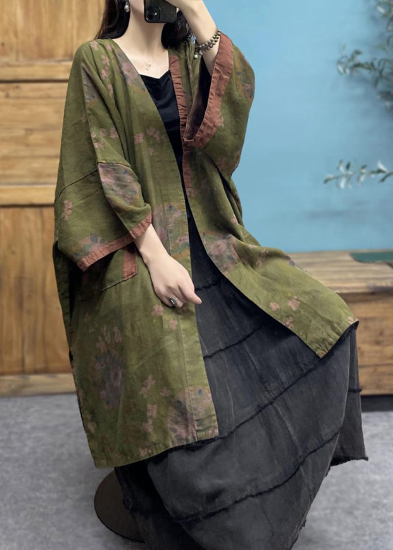 Grüner Bohemian-leinencardigan Mit V-ausschnitt Und Print Übergröße Frühling - Damen-Cardigans