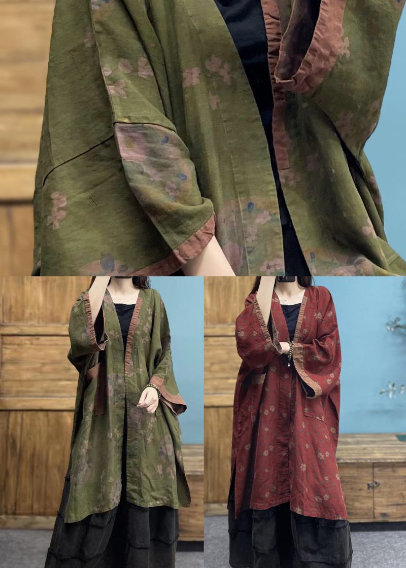 Grüner Bohemian-leinencardigan Mit V-ausschnitt Und Print Übergröße Frühling - Damen-Cardigans