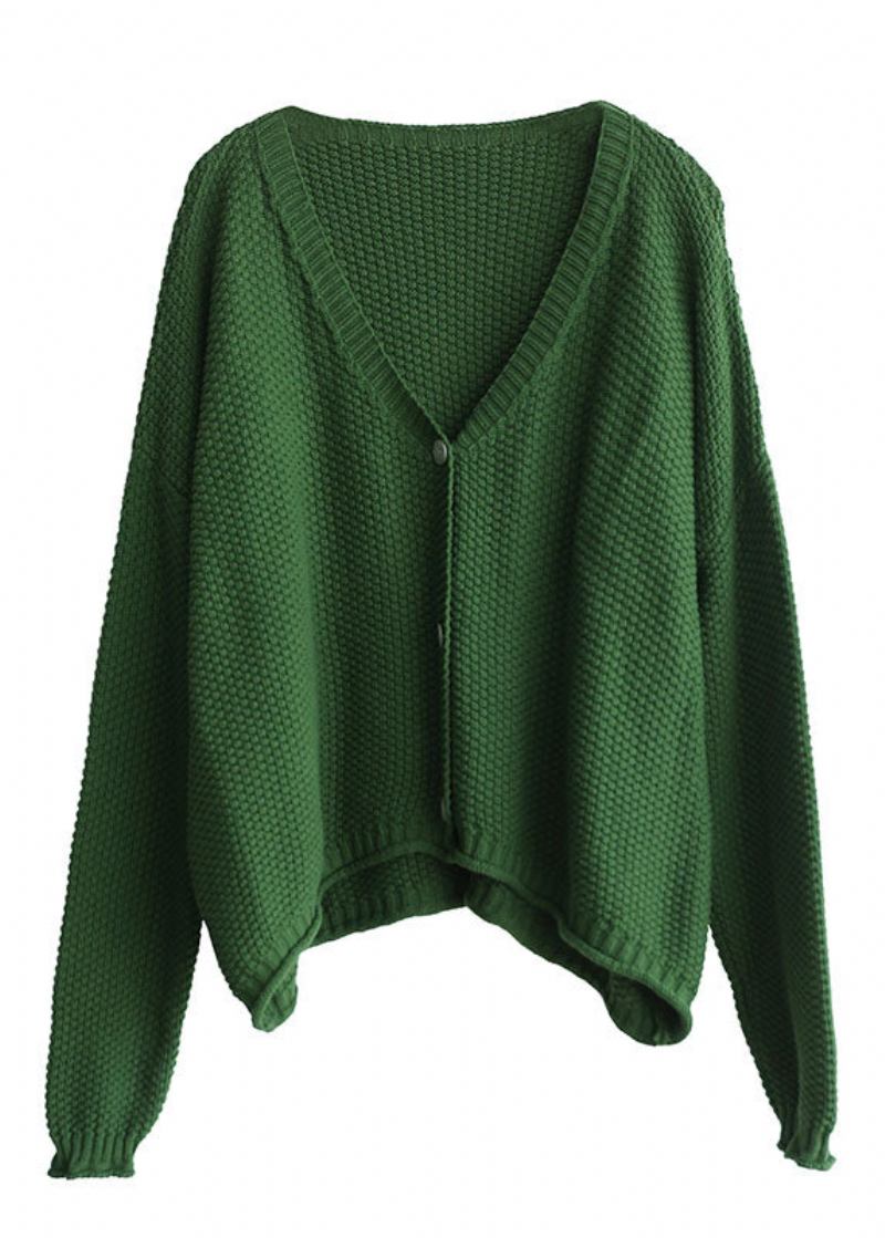 Grüner Lockerer V-ausschnitt-cardigan Mit Knopfmuster Für Den Herbst - Damen-Cardigans