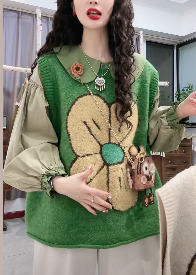 Grüner O-ausschnitt-patchwork-strickweste Mit Blumenmuster Kuschelige Ärmellose Strickweste - Damen-Cardigans