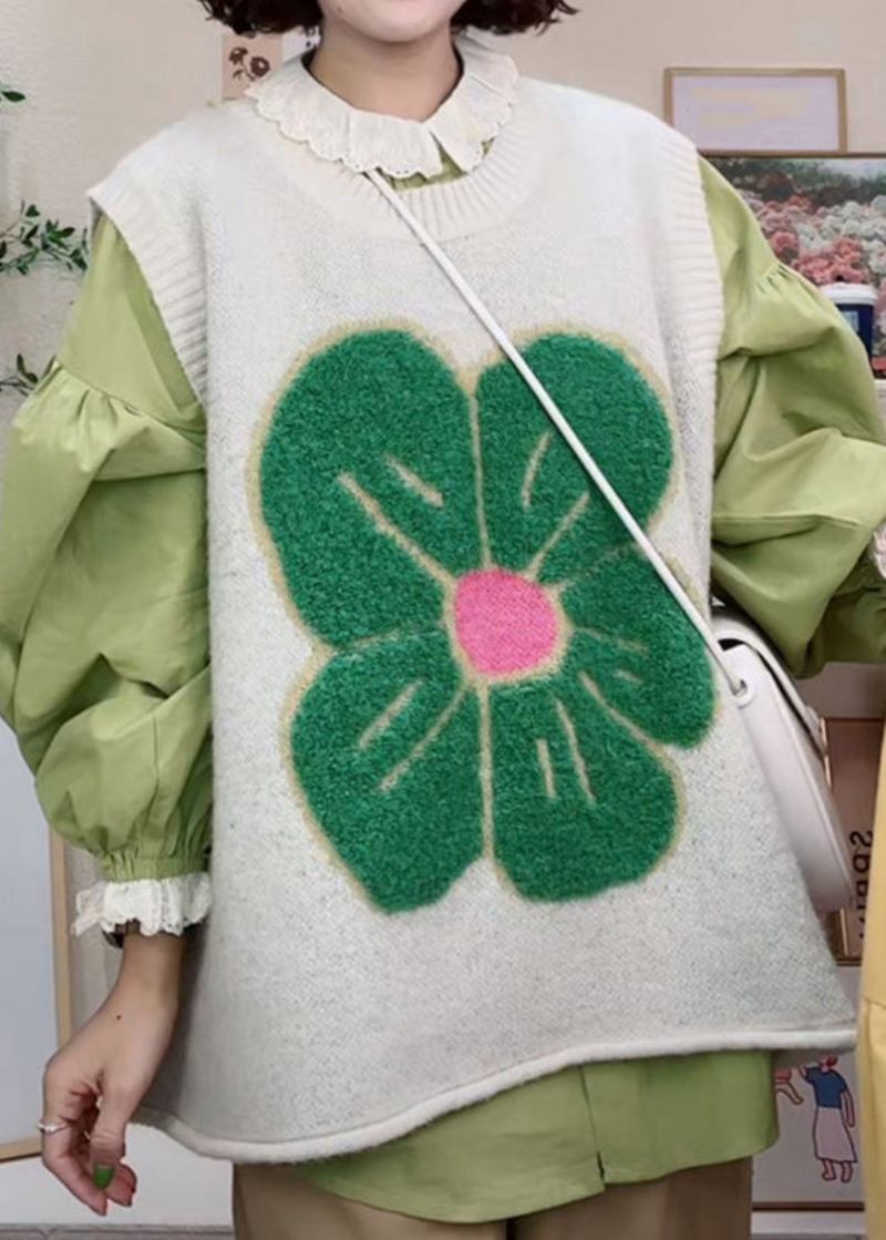 Grüner O-ausschnitt-patchwork-strickweste Mit Blumenmuster Kuschelige Ärmellose Strickweste - Damen-Cardigans