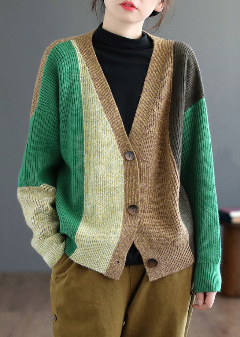 Grüner Patchwork-strickcardigan Mit V-ausschnitt Und Langen Ärmeln