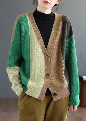 Grüner Patchwork-strickcardigan Mit V-ausschnitt Und Langen Ärmeln