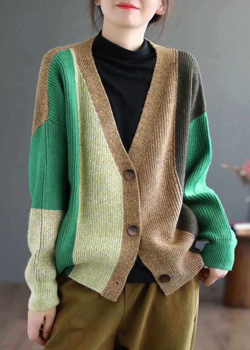 Grüner Patchwork-strickcardigan Mit V-ausschnitt Und Langen Ärmeln - Damen-Cardigans