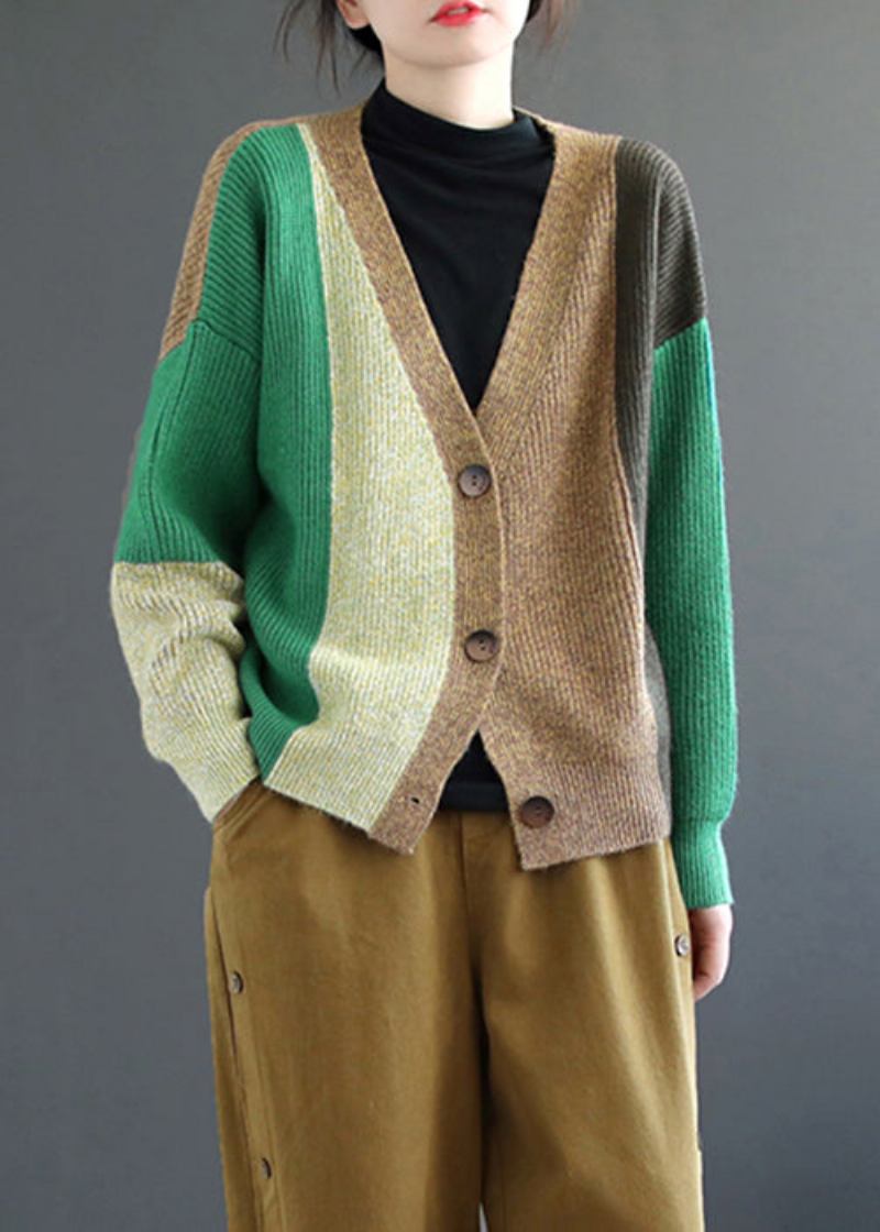 Grüner Patchwork-strickcardigan Mit V-ausschnitt Und Langen Ärmeln - Damen-Cardigans