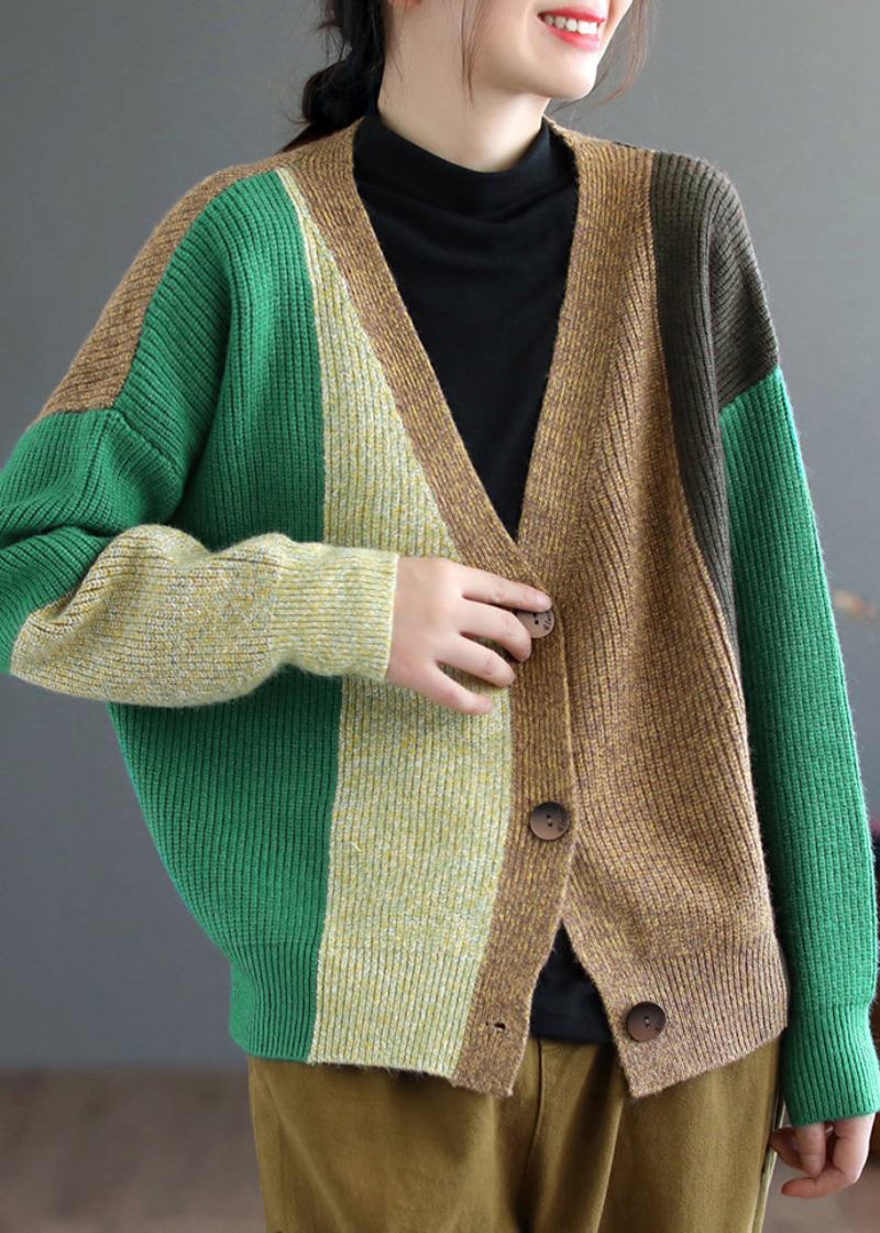 Grüner Patchwork-strickcardigan Mit V-ausschnitt Und Langen Ärmeln - Damen-Cardigans