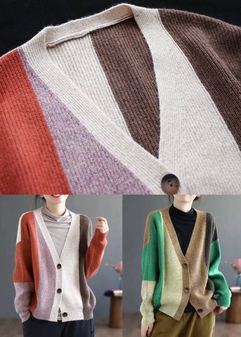 Grüner Patchwork-strickcardigan Mit V-ausschnitt Und Langen Ärmeln - Damen-Cardigans