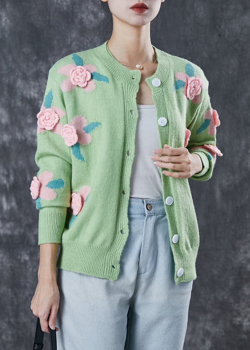 Grüner Stereoskopischer Blumenstil Gemütliche Strickjacke Frühling - Damen-Cardigans