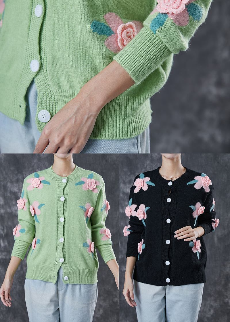 Grüner Stereoskopischer Blumenstil Gemütliche Strickjacke Frühling - Damen-Cardigans