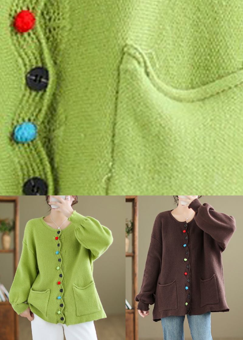 Grüner Strickmantel Mit Langen Ärmeln Und Knopftaschen In Übergröße - Damen-Cardigans