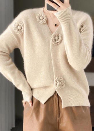 Handgefertigter Beigefarbener Kaschmir-strickcardigan Mit V-ausschnitt Und Blumenhäkeln Frühling