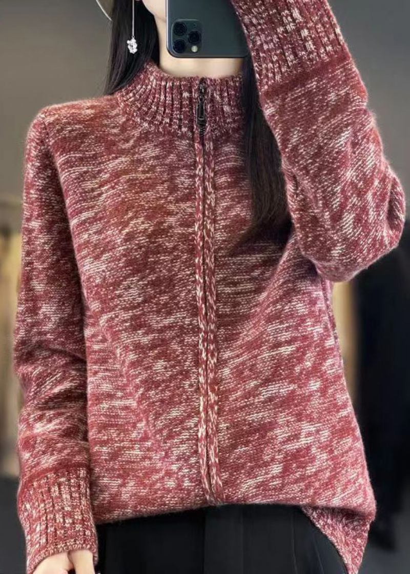 Handgefertigter Schwarzer Langärmliger Strickcardigan Mit Stehkragen Und Reißverschluss - Schwarz