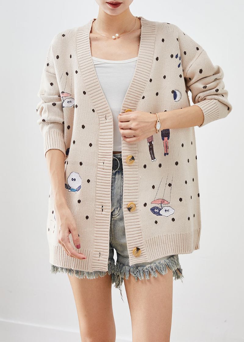 Handgefertigter Übergroßer Beigefarbener Strickcardigan Mit Cartoon-muster Für Den Herbst