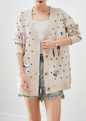 Handgefertigter Übergroßer Beigefarbener Strickcardigan Mit Cartoon-muster Für Den Herbst