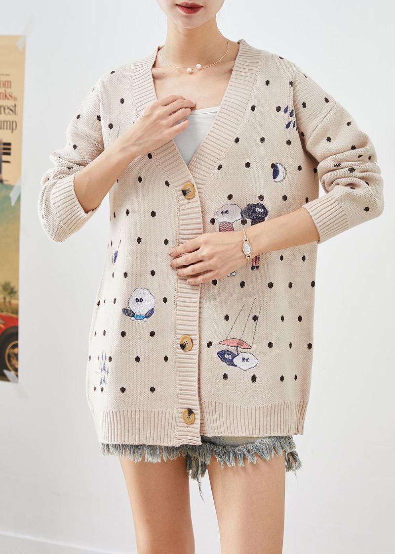 Handgefertigter Übergroßer Beigefarbener Strickcardigan Mit Cartoon-muster Für Den Herbst - Damen-Cardigans