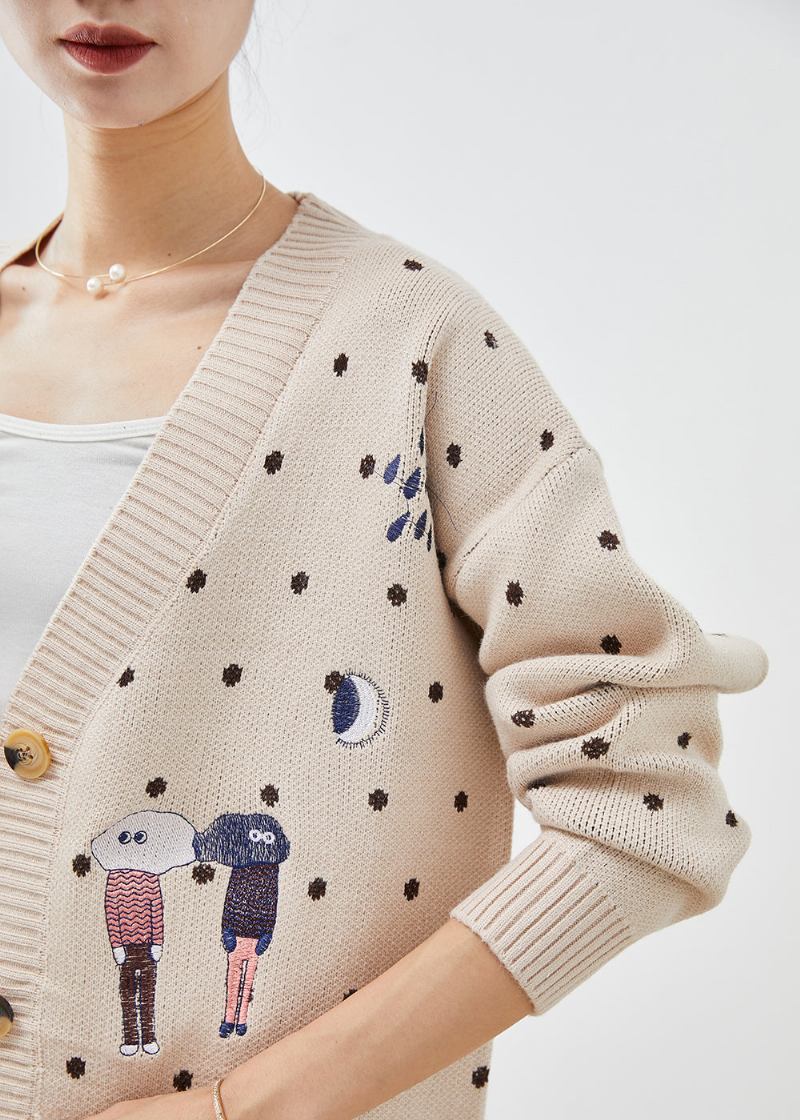 Handgefertigter Übergroßer Beigefarbener Strickcardigan Mit Cartoon-muster Für Den Herbst - Damen-Cardigans