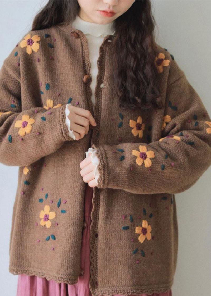 Handgemachte Baumwollstrickjacke Mit Patchwork Und Blumenspitze In Kaffeefarbe Bestickt Langärmlig