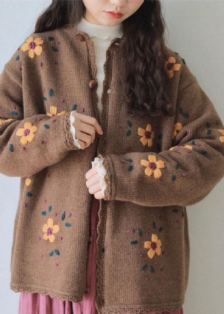 Handgemachte Baumwollstrickjacke Mit Patchwork Und Blumenspitze In Kaffeefarbe Bestickt Langärmlig