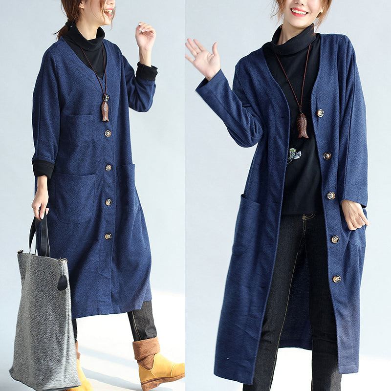 Herbst Winter Warme Marineblaue Baumwoll-trenchcoats Weite Wolltaschen V-ausschnitt-strickjacken