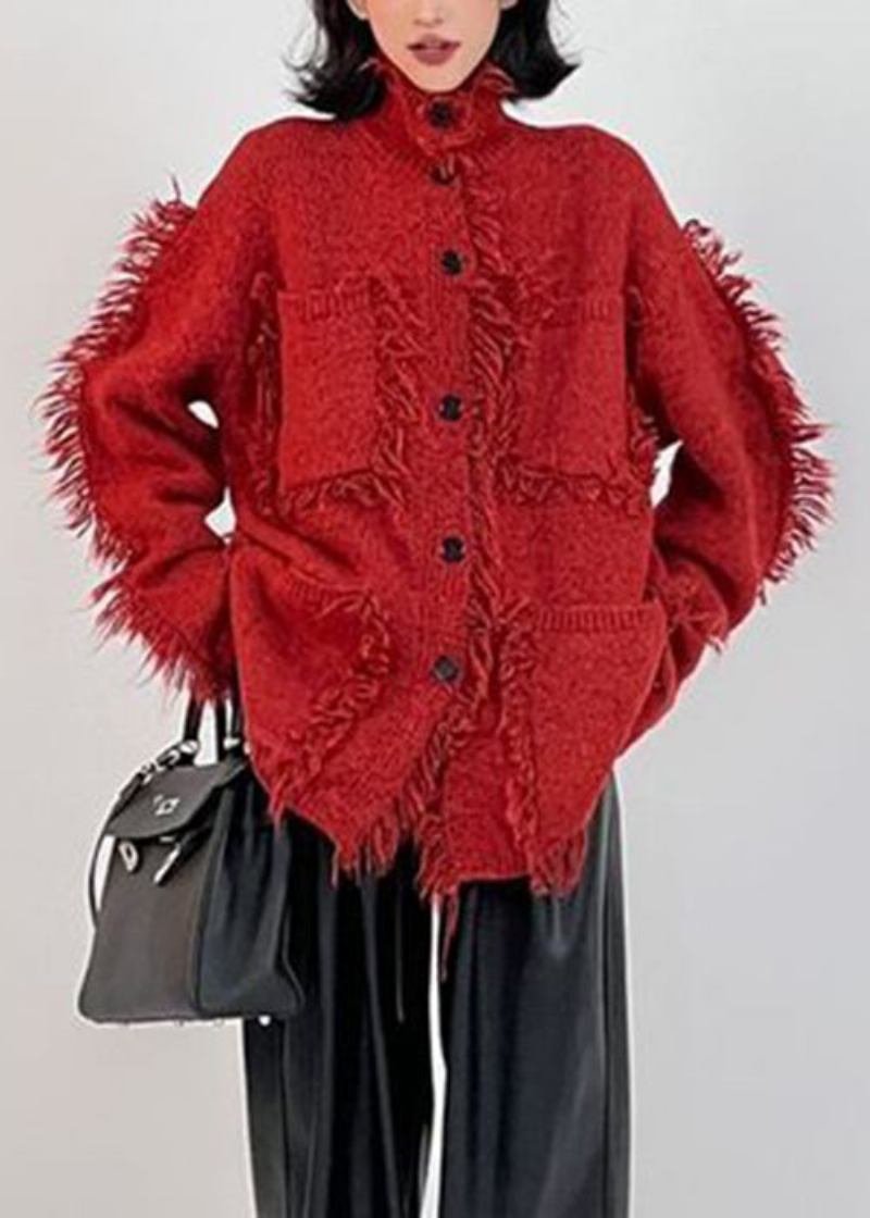 Italienische Rote Baumwoll-strickjacke Mit Knopftaschen Lange Ärmel - Damen-Cardigans