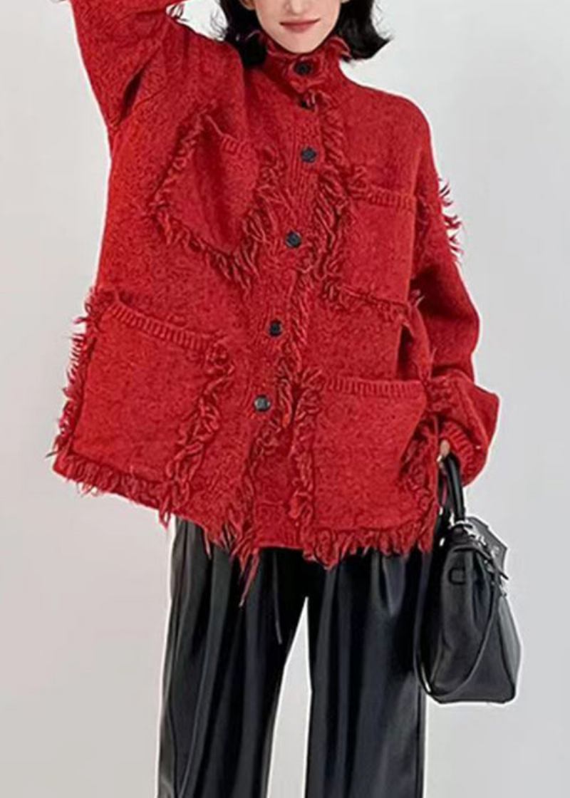 Italienische Rote Baumwoll-strickjacke Mit Knopftaschen Lange Ärmel - Damen-Cardigans