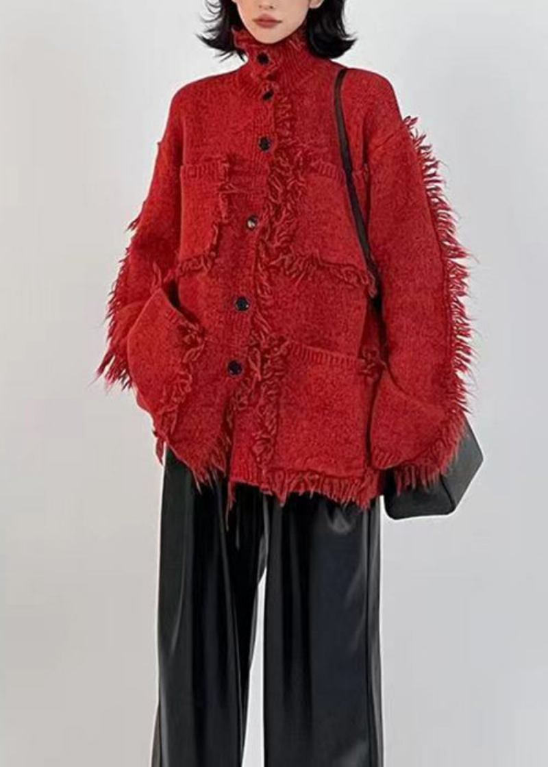 Italienische Rote Baumwoll-strickjacke Mit Knopftaschen Lange Ärmel - Damen-Cardigans