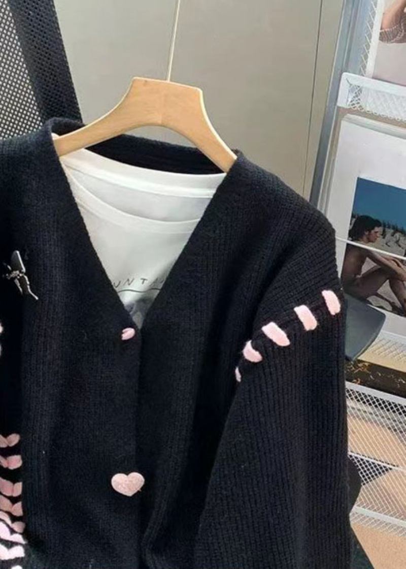 Italienischer Schwarzer Patchwork-strickmantel Aus Baumwolle Mit Knopfleiste Und Schnürung Für Den Herbst - Damen-Cardigans