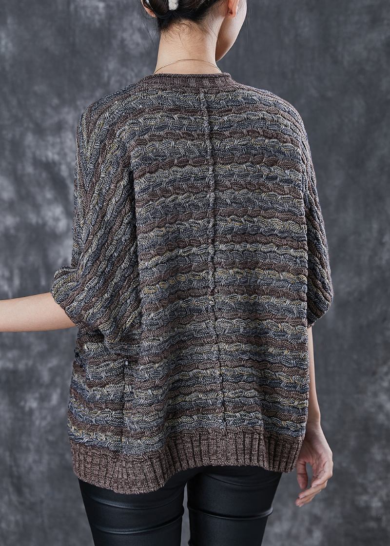 Kaffeefarbene Gestreifte Strickjacken Mit Übergröße Und Rundhalsausschnitt Frühling - Damen-Cardigans