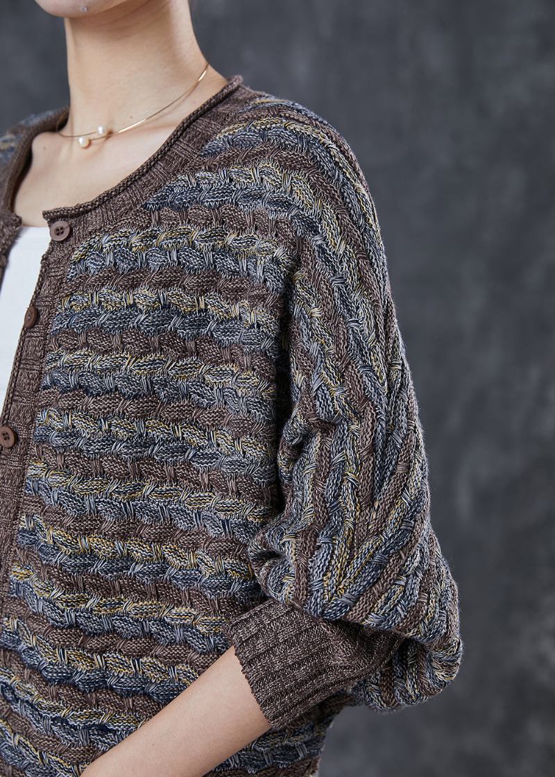 Kaffeefarbene Gestreifte Strickjacken Mit Übergröße Und Rundhalsausschnitt Frühling - Damen-Cardigans