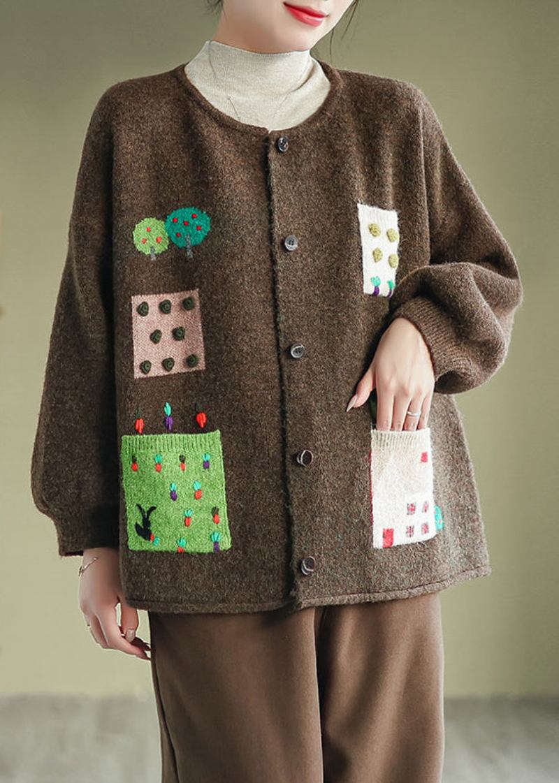 Kaffeefarbener Patchwork-strickcardigan Mit Taschen O-ausschnitt Herbst