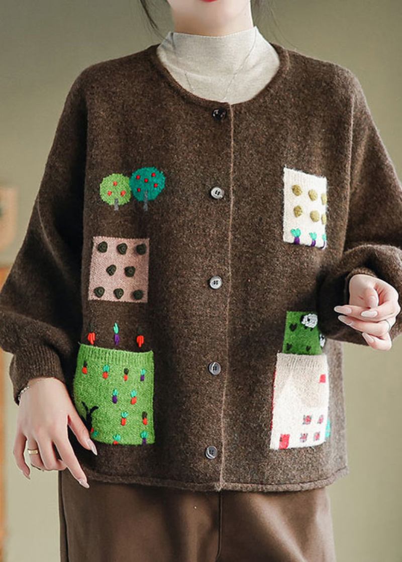 Kaffeefarbener Patchwork-strickcardigan Mit Taschen O-ausschnitt Herbst - Damen-Cardigans