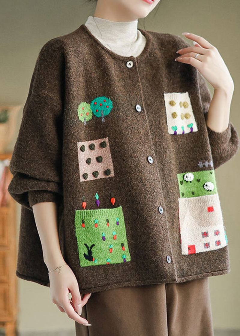 Kaffeefarbener Patchwork-strickcardigan Mit Taschen O-ausschnitt Herbst - Damen-Cardigans