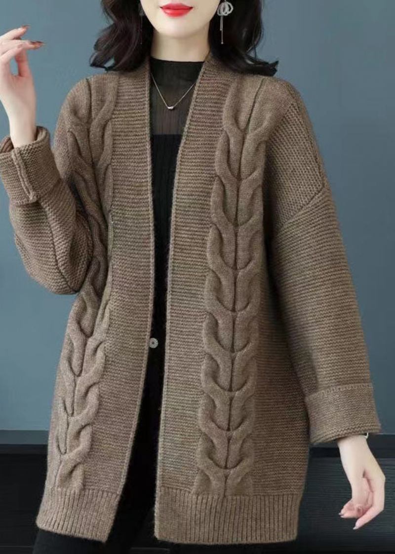 Kamelfarbener Patchwork-cardigan Aus Dicker Wolle Für Damen Mit V-ausschnitt Für Den Herbst