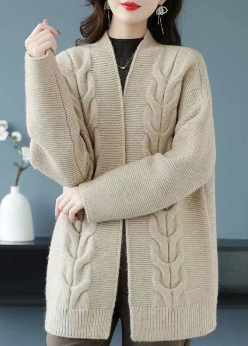 Kamelfarbener Patchwork-cardigan Aus Dicker Wolle Für Damen Mit V-ausschnitt Für Den Herbst - Damen-Cardigans