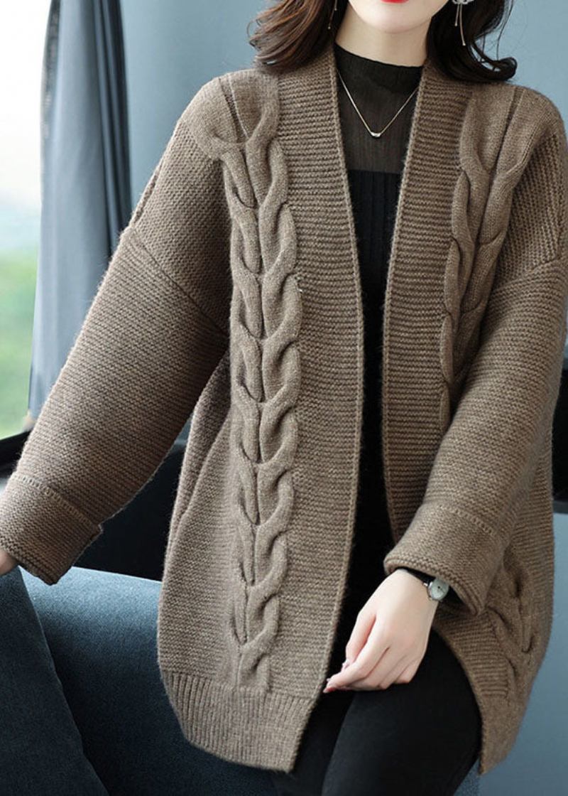 Kamelfarbener Patchwork-cardigan Aus Dicker Wolle Für Damen Mit V-ausschnitt Für Den Herbst - Damen-Cardigans