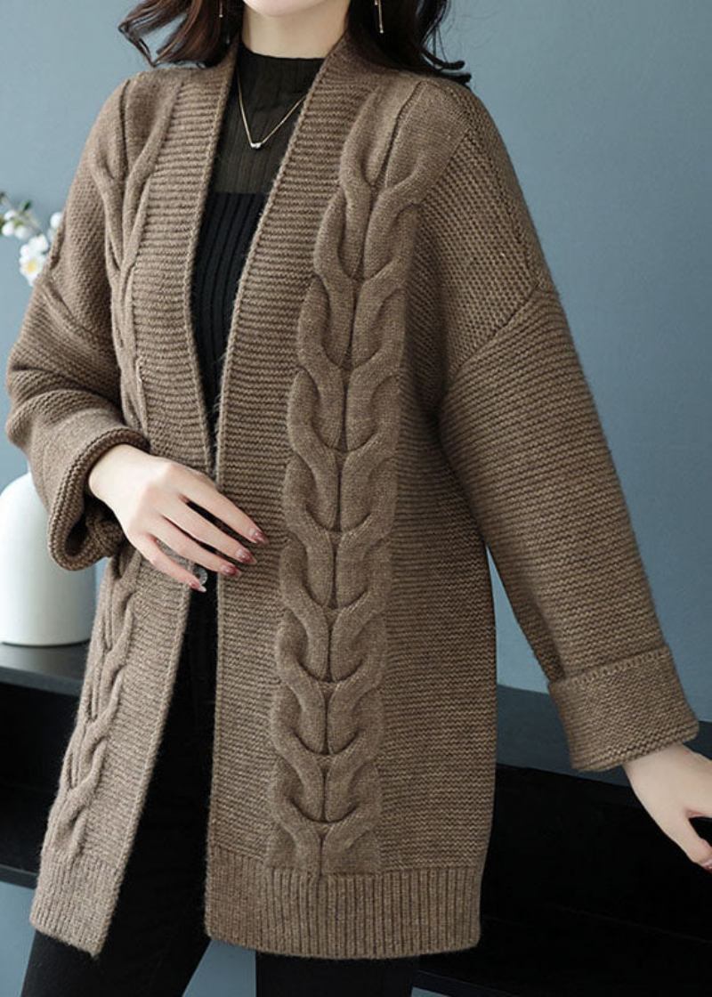 Kamelfarbener Patchwork-cardigan Aus Dicker Wolle Für Damen Mit V-ausschnitt Für Den Herbst - Damen-Cardigans