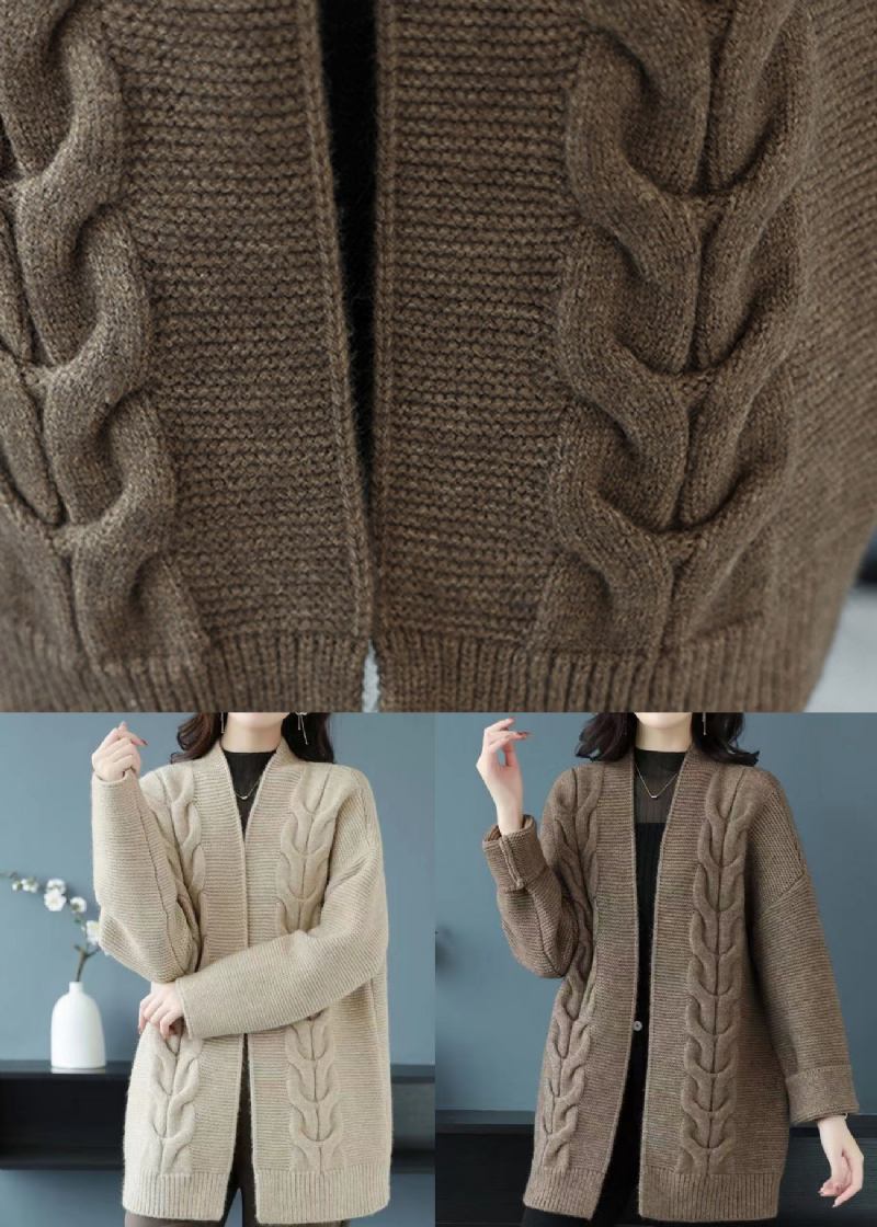 Kamelfarbener Patchwork-cardigan Aus Dicker Wolle Für Damen Mit V-ausschnitt Für Den Herbst - Damen-Cardigans