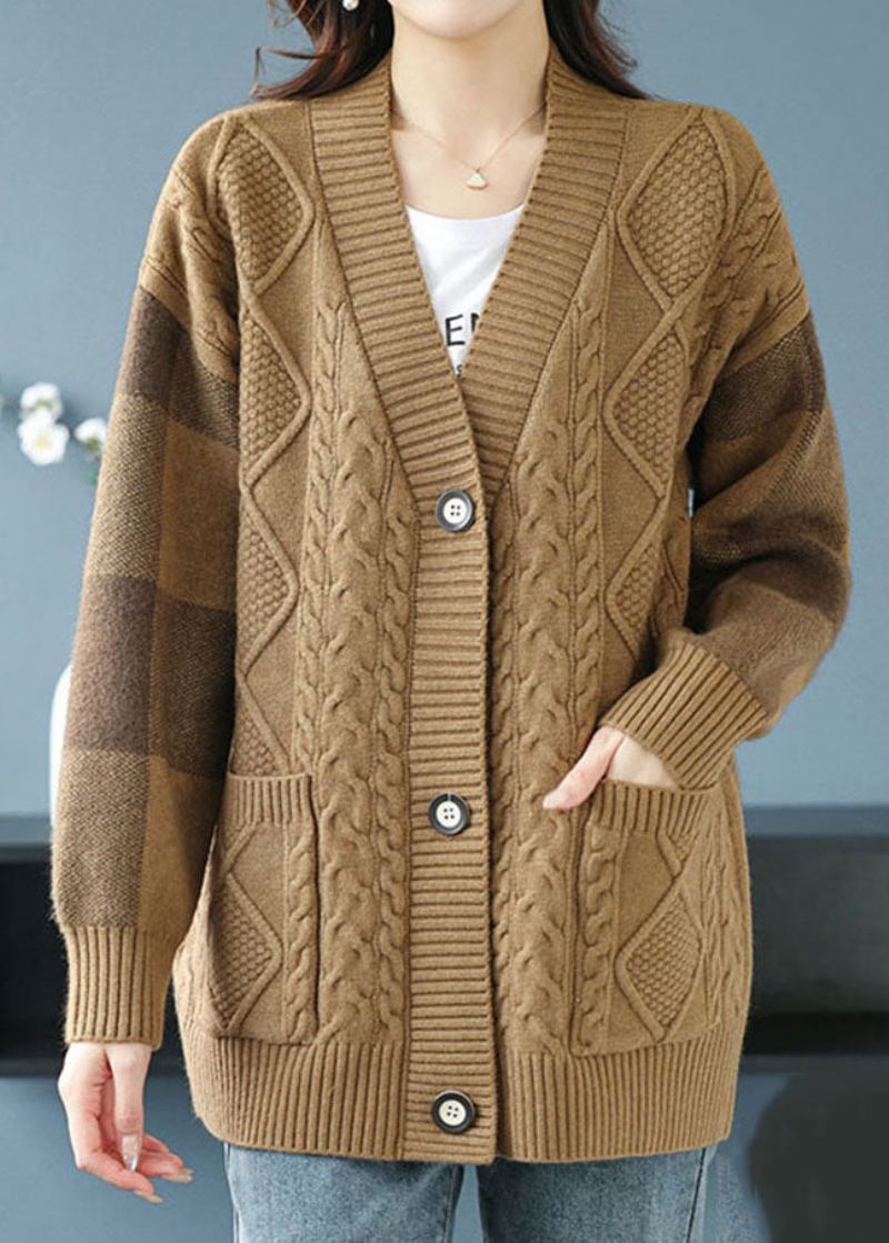 Kamelfarbener V-ausschnitt-cardigan Mit Aussparungen Und Knöpfen Für Den Herbst - Damen-Cardigans