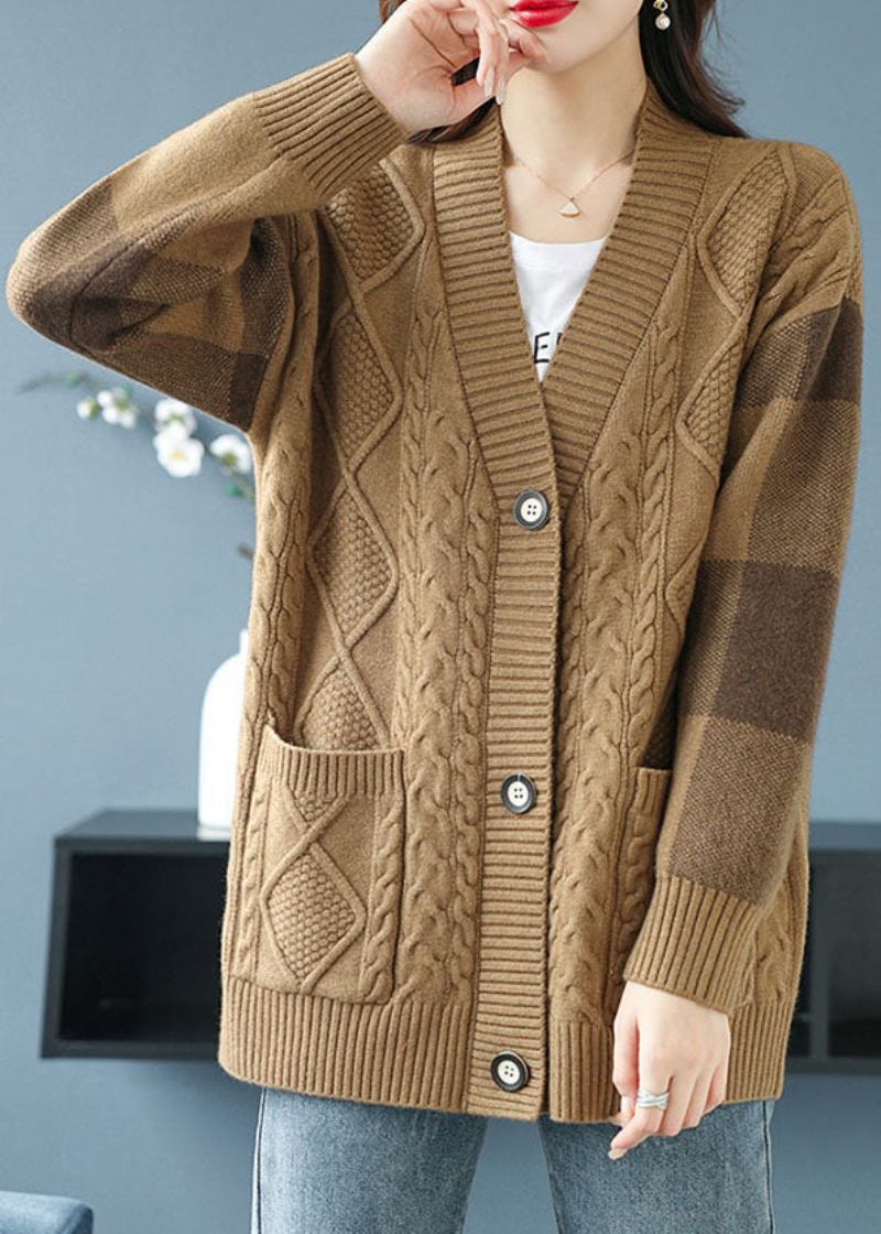 Kamelfarbener V-ausschnitt-cardigan Mit Aussparungen Und Knöpfen Für Den Herbst - Damen-Cardigans