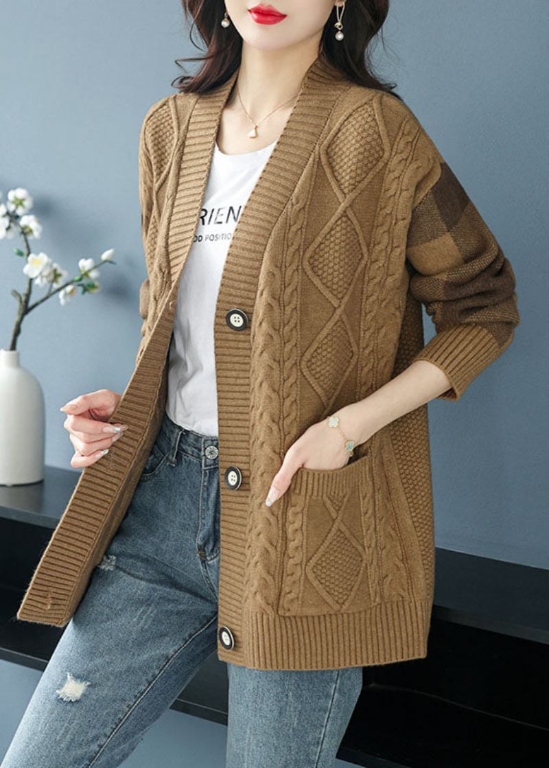 Kamelfarbener V-ausschnitt-cardigan Mit Aussparungen Und Knöpfen Für Den Herbst - Damen-Cardigans