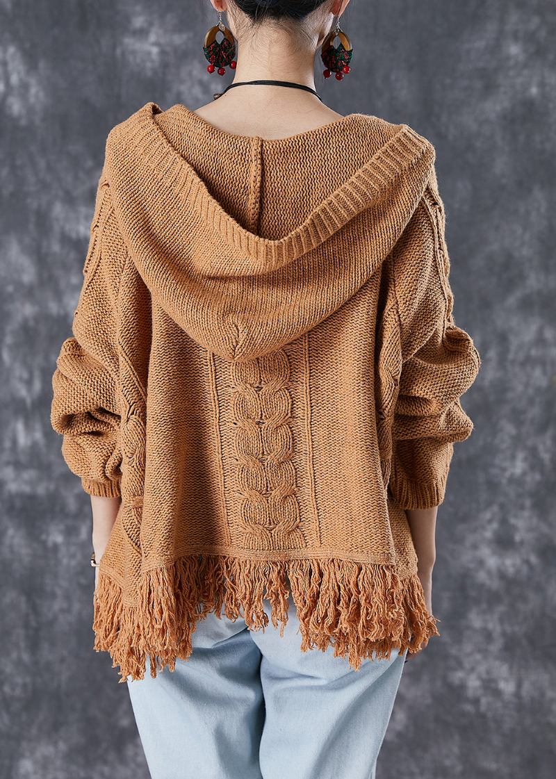 Khakifarbene Bestickte Strickjacken Mit Quasten Für Den Herbst - Damen-Cardigans