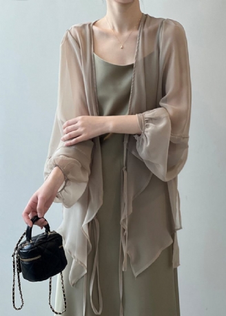 Khakifarbene Einfarbige Chiffon-cardigans Mit Schnürung Und Langen Ärmeln