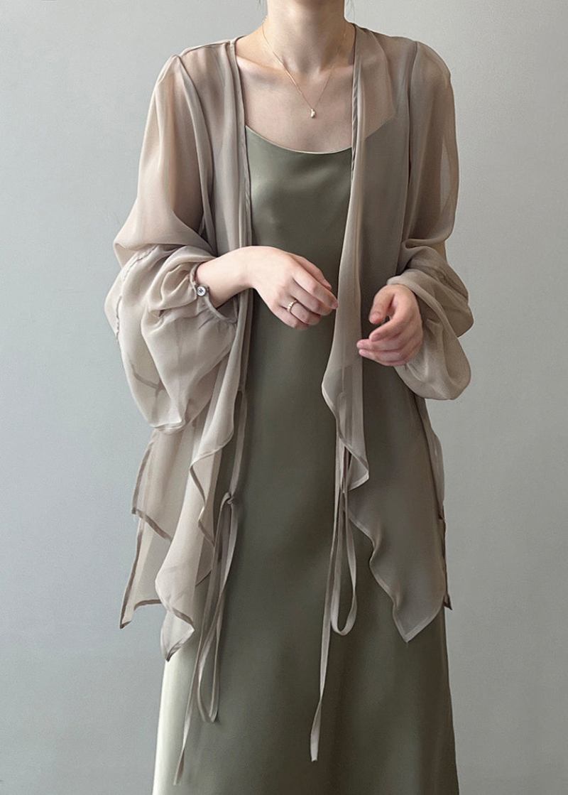 Khakifarbene Einfarbige Chiffon-cardigans Mit Schnürung Und Langen Ärmeln - Damen-Cardigans