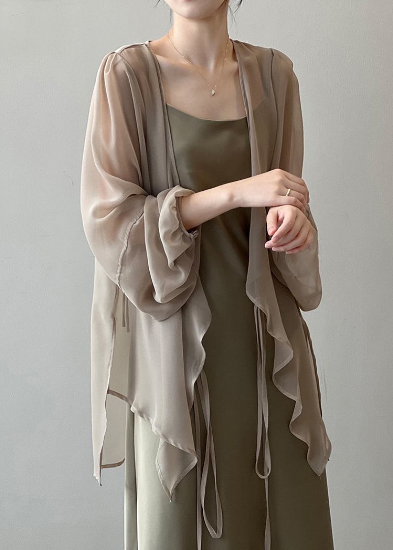 Khakifarbene Einfarbige Chiffon-cardigans Mit Schnürung Und Langen Ärmeln - Damen-Cardigans