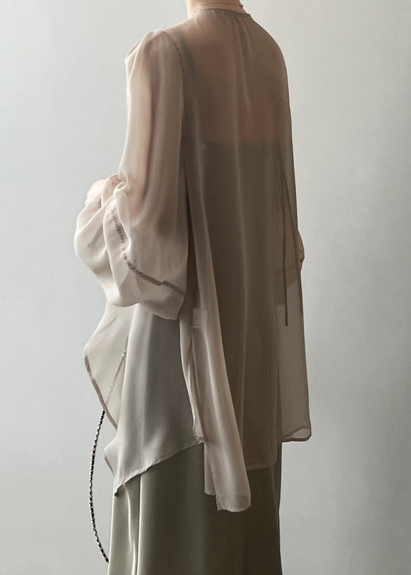 Khakifarbene Einfarbige Chiffon-cardigans Mit Schnürung Und Langen Ärmeln - Damen-Cardigans