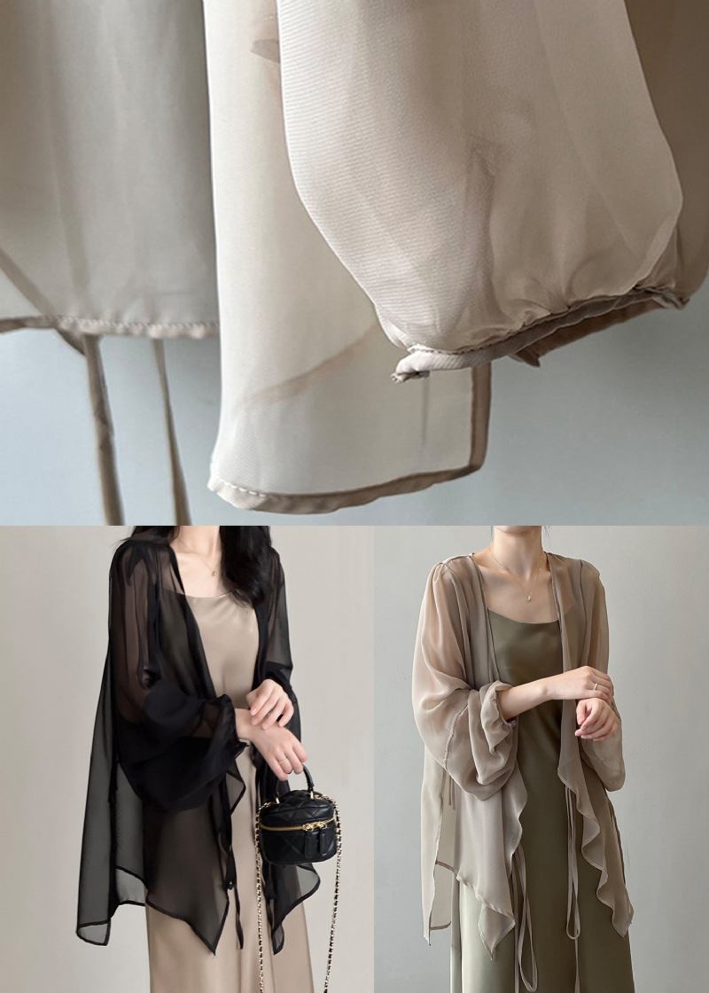 Khakifarbene Einfarbige Chiffon-cardigans Mit Schnürung Und Langen Ärmeln - Damen-Cardigans